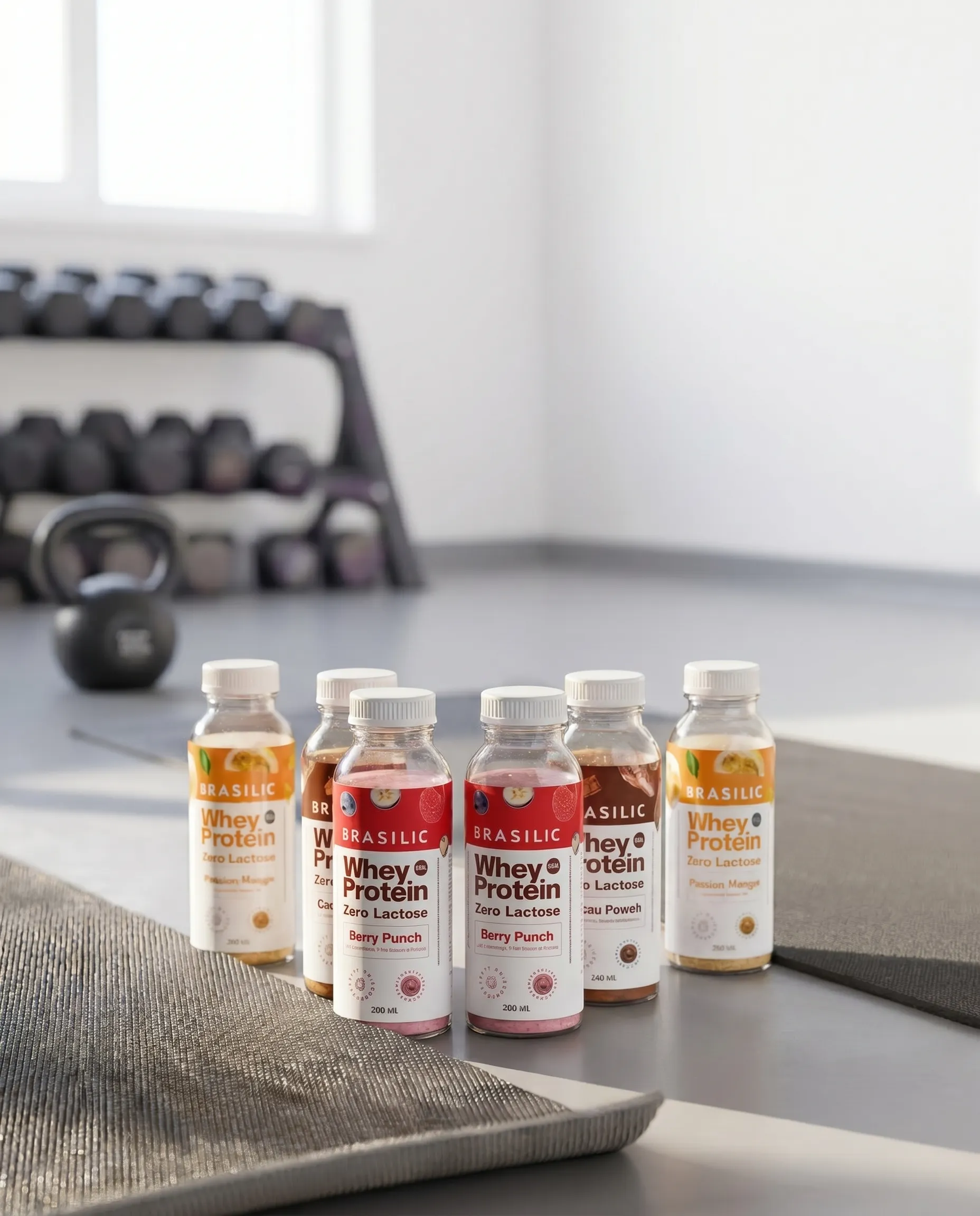 Garrafinhas Brasilic Whey Protein Zero Lactose nos sabores Berry Punch, Cacau Power e Passion Mango sobre tapete de academia com halteres e kettlebell ao fundo